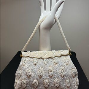Vintage White Beaded Evening Bag Ivory Seed Bead Leaf Pattern Purse